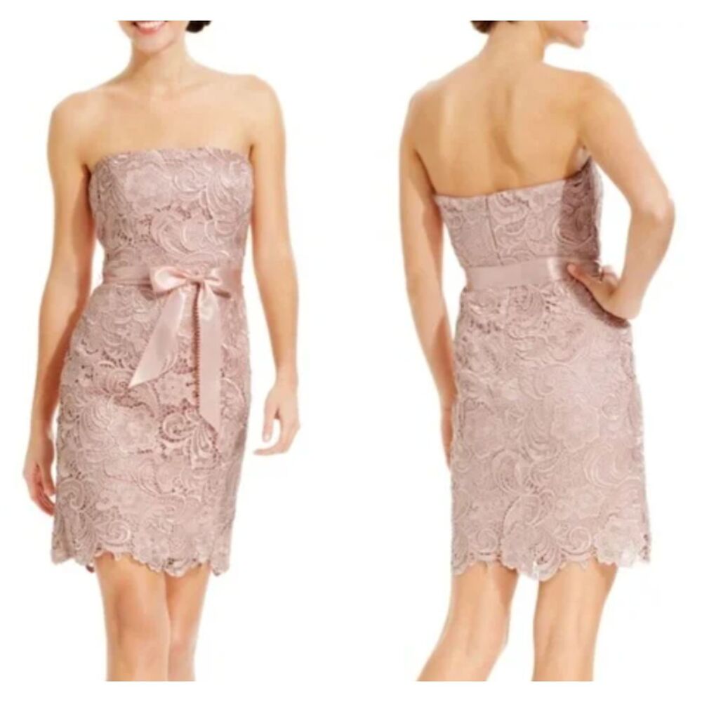 ~ NEW** Adrianna Papell 14 Cocktail Dress Blush Crochet Strapless Lace Mini Knee